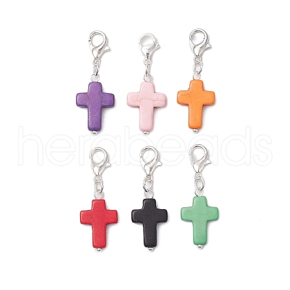6Pcs Synthetic Turquoise Cross Pendant Decorations HJEW-JM02499-1
