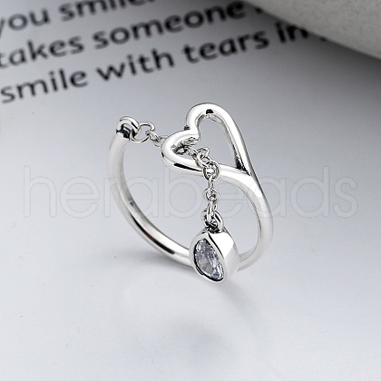 Teardrop & Hollow Out Heart 925 Sterling Silver with Clear Cubic Zirconia Adjustable Cuff Rings for Women FS-WG374A3-01-1