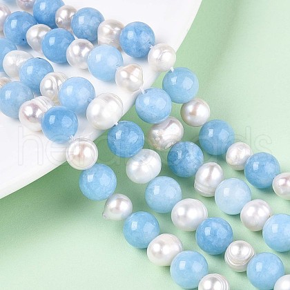Dyed Natural White Jade Round & Natural Cultured Freshwater Pearl Grooved Potato Beads Strands PEAR-N019-01-1