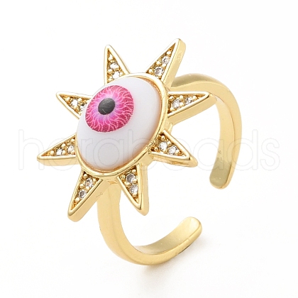 Cubic Zirconia Sun with Evil Eye Open Cuff Ring with Acrylic RJEW-B042-09G-03-1
