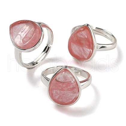 Cherry Quartz Glass Teardrop Adjustable Rings RJEW-K371-08S-13-1