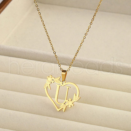 201 Stainless Steel Flower Heart Initial Pendant Necklaces for Women FS-WG08285-19-1