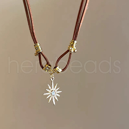Zinc Alloy Crystal Rhinestone Sun Pendant PU Leather Cord Double Layer Necklaces for Women FS-WGD520A-02-1