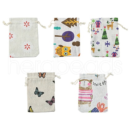 10Pcs 5 Styles Printed Polycotton(Polyester Cotton) Packing Pouches Drawstring Bags ABAG-YW0001-05-1