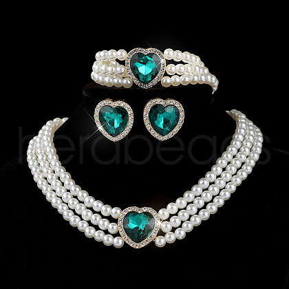 Heart Glass Rhinestone & Plastic Pearl Beaded Necklaces & Stud Earrings & Bracelets Sets FS-WGC950C-04-1
