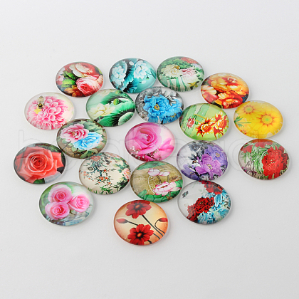 Flower Printed Glass Cabochons GGLA-A002-12mm-BB-1