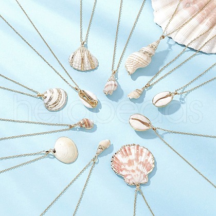 12Pcs 12 Styles Electroplated Natural Mixed Shell Pendant Necklaces NJEW-JN05212-1