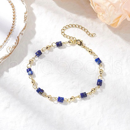 Brass Natural Dyed Lapis Lazuli Link Bracelets for Women BJEW-JB11683-02-1