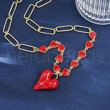 Heart Brass Red Enamel Pendant Necklaces for Women NJEW-G162-03G-1