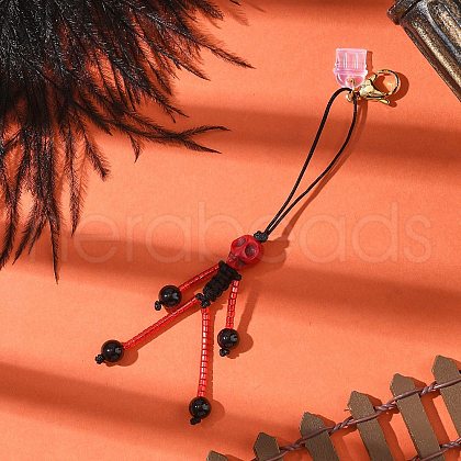 Halloween Theme Skeleton Glass Seed & Natural Black Onyx & Synthetic Turquoise Beaded Pendant Decorations HJEW-MZ00284-02-1