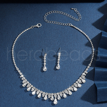 Teardrop Alloy Rhinestone Pendant Necklace & Stud Earring FS-WG7372C-03-1