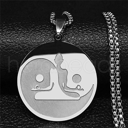304 Stainless Steel Flat Round Buddhist Meditation Yoga Pendant Necklaces NJEW-K283-33P-1