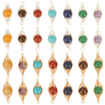 HOBBIESAY 28Pcs 14 Styles Mixed Gemstone Copper Wire Wrapped Connector Charms FIND-HY0003-94-1