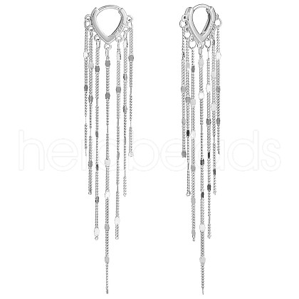 Rhodium Plated 925 Sterling Silver Chain Tassel Dangle Hoop Earrings JE1039A-1