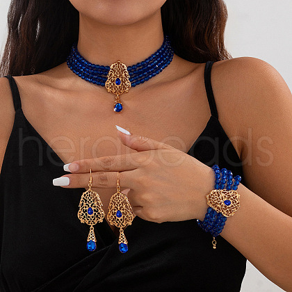 Teardrop Alloy & Glass Rhinestone Pendant Necklace & Stud Dangle Earring & Bracelet FS-WG89F11-16-1