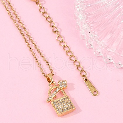 Lock & Key Brass Micro Pave Cubic Zirconia Pendant Neckalces NJEW-C076-16G-1