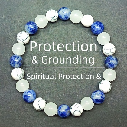 Round Natural Blue Spot Jasper & Synthetic Howlite & Glass Beads Stretch Bracelets for Girl Women FS-WGE0C43-11-1