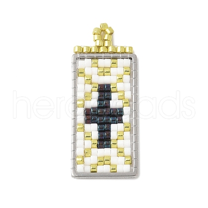 Handmade Glass Seed Beaded Rectangle with Cross Pendants PALLOY-MZ00616-01-1