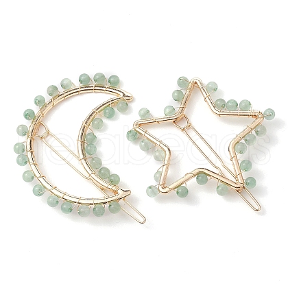 2Pcs Moon & Star Alloy with Natural Green Aventurine Hollow Hair Barrettes PHAR-JH00105-05-1