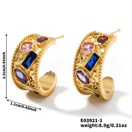 Retro C-Shaped Brass Crystal Cubic Zirconia Stud Earrings VX4280-1-1