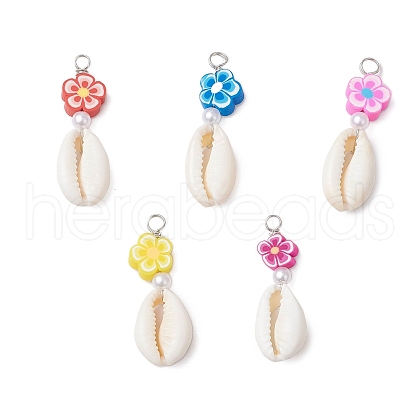 Natural Cowrie Shell & Flower Handmade Polymer Clay & Acrylic Imitation Pearl Pendants PALLOY-JF03817-1