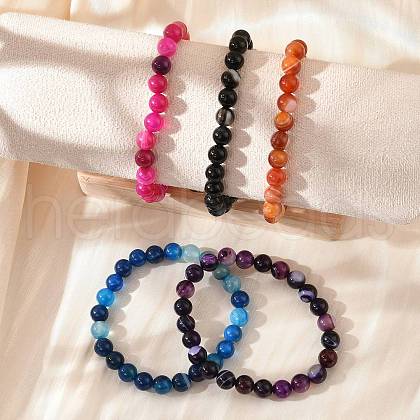 Natural Striped Agate/Banded Agate Beaded Stretch Bracelets BJEW-JB02564-1