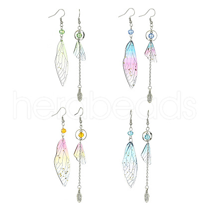 4 Set 4 Color Resin Wing with Feather Asymmetrical Earrings EJEW-TA00175-1