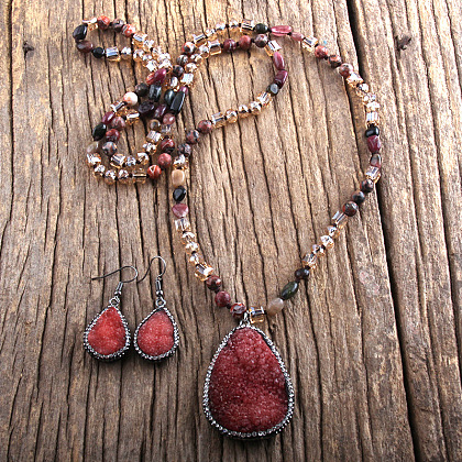 Teardrop Bohemian Style Glass with Natural Tiger Eye Pendant Necklace & Dangle Earrings Sets FS-WG0DE9F-06-1