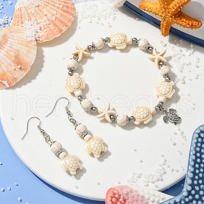 Starfish & Tortoise Synthetic Turquoise Beaded Stretch Bracelets & Dangle Earrings Kits SJEW-JS01311-01-1