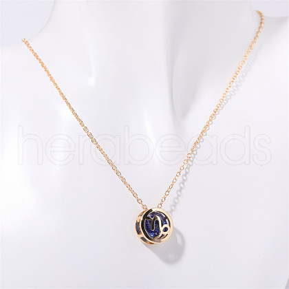 Brass Pave Royal Blue Cubic Zirconia Flat Round with Constellation Pendant Necklaces WGDD0B3-01-1