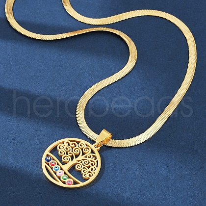 Tree of Life & Evil Eye 304 Stainless Steel Herringbone Chains Pendant Necklaces NJEW-K253-34G-1