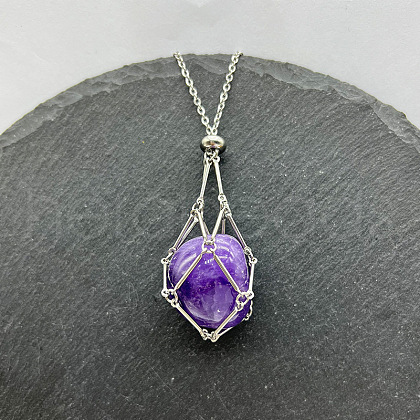 Natural Amethyst Nuggets Macrame Pouch Pendant 201 Stainless Steel Chain Necklaces FS-WG7A779-04-1