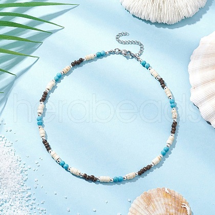 Summer Beach Synthetic Turquoise & Natural Coconut Round Heishi Beaded Necklaces NJEW-JN05211-1