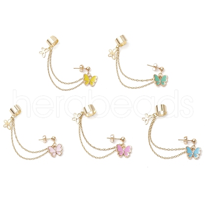 Butterfly Alloy Enamel Chains Tassel Dangle Earrings with Ear Cuff EJEW-JE05904-1