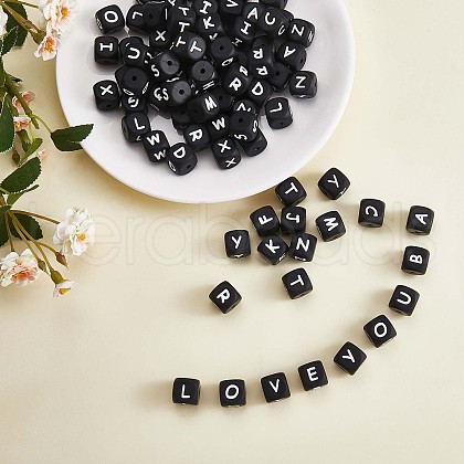 20Pcs Black Cube Letter Silicone Beads 12x12x12mm Square Dice Alphabet Beads with 2mm Hole Spacer Loose Letter Beads for Bracelet Necklace Jewelry Making JX433M-1