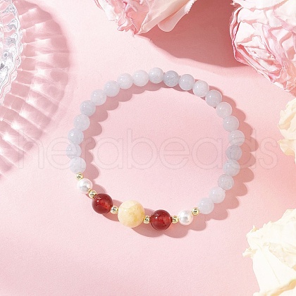 Shell Pearl Bead & Dyed Natural White Jade & Yellow Jade & Carnelian Beaded Stretch Bracelets for Women BJEW-JB11938-02-1