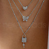 Heart & Butterfly & Lock & Key Zinc Alloy Crystal Rhinestone 3 Layers Pendant Necklaces FS-WGEE0B8-02-1