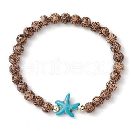 Summer Beach Starfish Dyed Synthetic Turquoise & 6mm Round Wenge Wood Beaded Stretch Bracelets for Women BJEW-JB10514-01-1