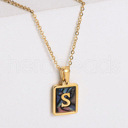 304 Stainless Steel Pave Natural Paua Shell Rectangle Initial Pendant Necklaces for Women FS-WG38E89-19-1