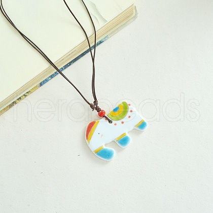 Porcelain Pendant Adjustable Imitation Leather Cord Necklaces for Women FS-WGE6687-11-1