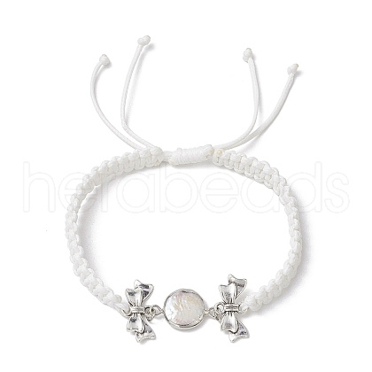 Mother's Day Jewellery Flat Round Natural Pearl & Polyester Cord Braided Bracelets BJEW-JB10422-1