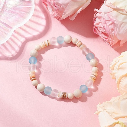 Bohemia Style Natural Fossil & Freshwater Shell & Glass Beads Stretch Bracelets for Women BJEW-JB11865-02-1