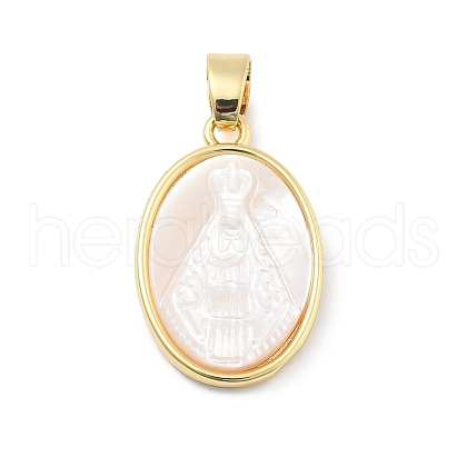 Brass Pave Carved Natural White Shell Religion Oval Pendants KK-D367-04G-B-1
