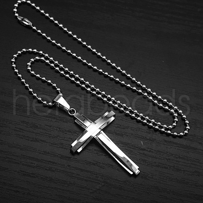 Cross 304 Stainless Steel Pendant Ball Chain Long Necklaces for Men FS-WG328E8-01-1