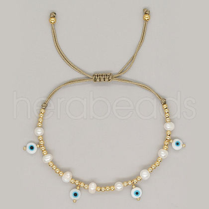 Handmade Pearl and Glass Beaded Heart Charm Bracelet for Women with Unique Flat Eyes Design ST1980644-1