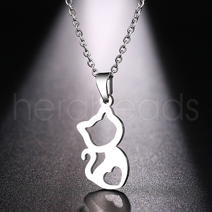 Cat Shape 304 Stainless Steel Hollow Kitten Pendant Necklaces for Women FS-WG44308-01-1