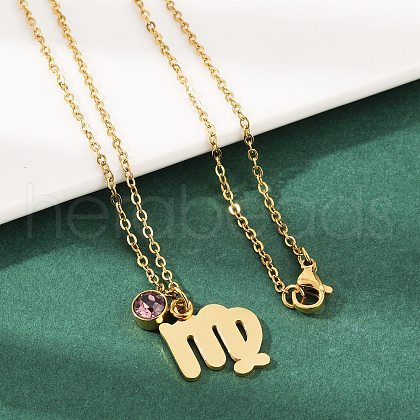 304 Stainless Steel Glass Drill Birth Stone Constellation Pendant Necklaces STAS-D305-08G-F-1