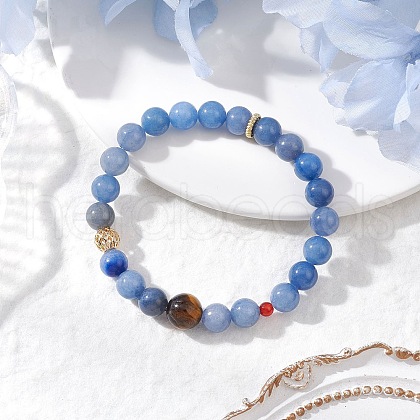 Natural Blue Aventurine and Tiger Eye Stretch Bracelets BJEW-JB11967-01-1