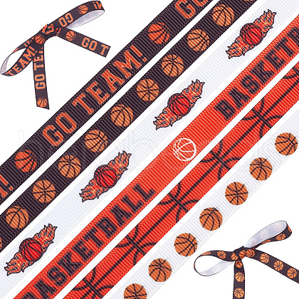 HOBBIESAY 6 Rolls 6 Styles Polyester Basketball Printed Grosgrain Ribbon OCOR-HY0001-18-1