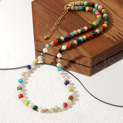 Colorful Disc Natural Mixed Stone & Freshwater Pearl Beaded Necklaces LX1116-1